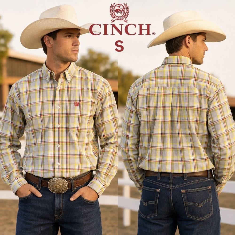 Cinch Mens Small Plaid Button Down Shirt Yellow Grey Red Western Long Sleeve